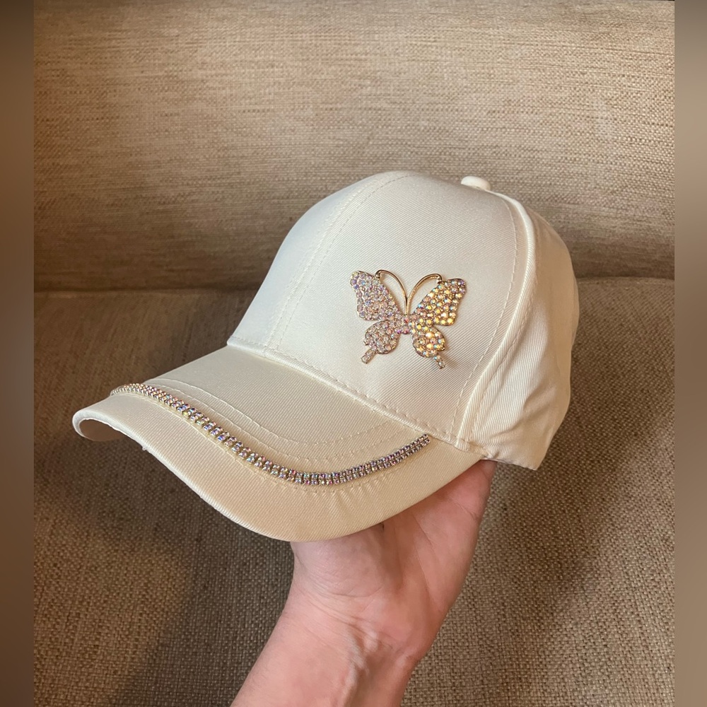 White hat with rhinestone butterfly and trim - Picture 3 of 8